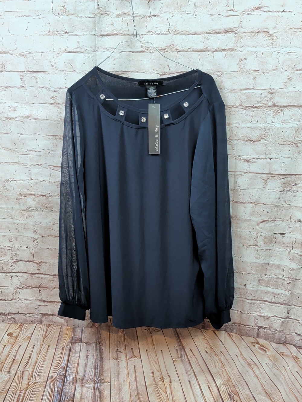 Adele & May Navy Blue Sheer-Sleeve Blouse XL New Nwt